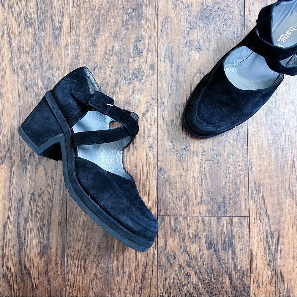 Stephane Kelian • black platform shoes criss cross strap mary jane chunky suede